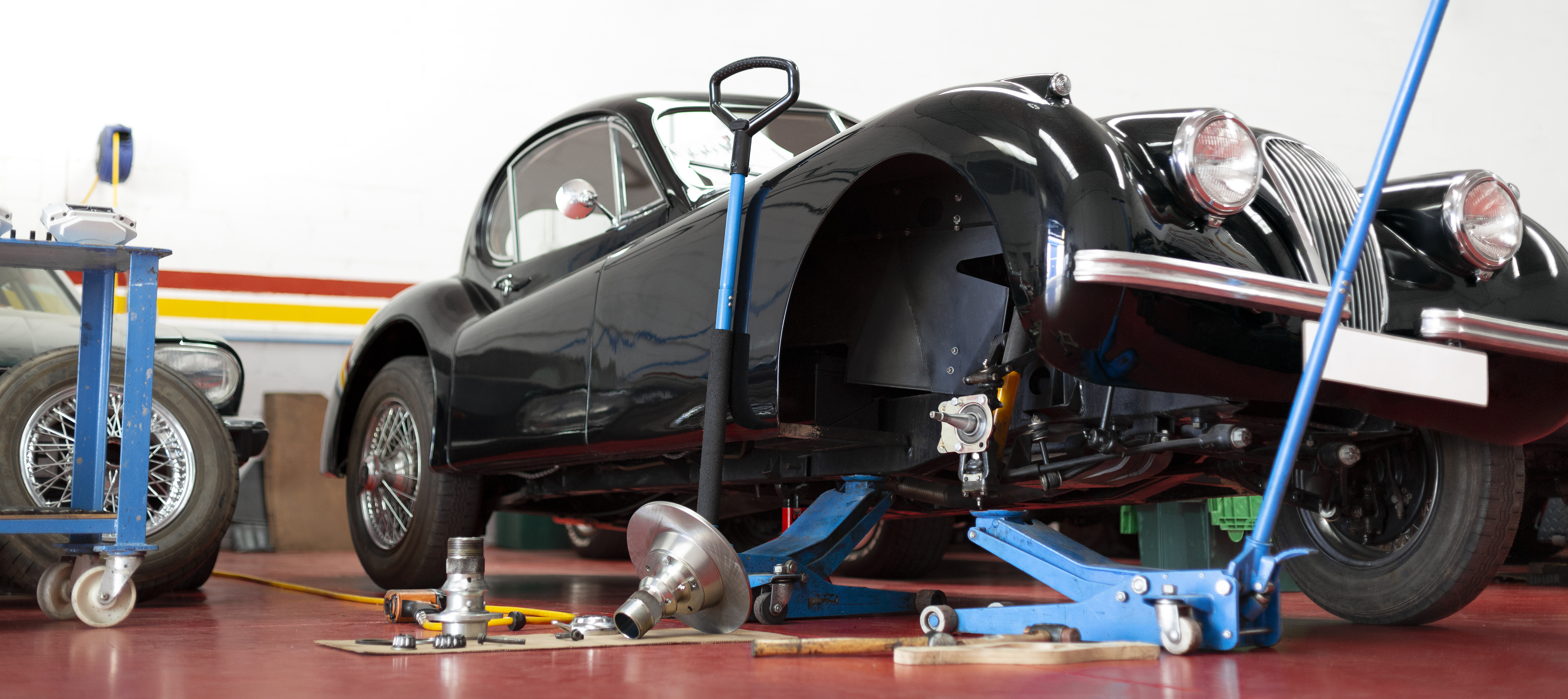 Panoramic View Antique Automobile Being Repaired Mechanic Workshop